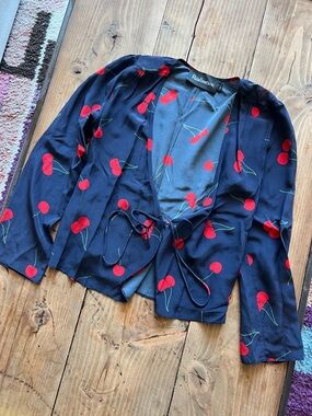 Realisation Par Navy with Red Cherry Print Silk Top (Size XS)